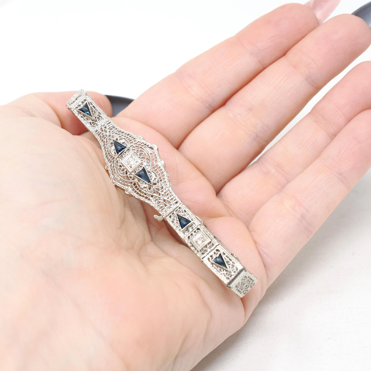 Art Deco Bracelet - Vintage 10k White Gold Natural Diamonds Blue Glass Filigree Links - Vintage Circa 1930s Simulated Sapphire Fine Jewelry