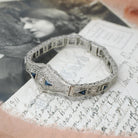 Art Deco Bracelet - Vintage 10k White Gold Natural Diamonds Blue Glass Filigree Links - Vintage Circa 1930s Simulated Sapphire Fine Jewelry