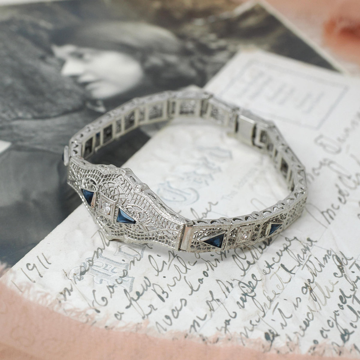 Art Deco Bracelet - Vintage 10k White Gold Natural Diamonds Blue Glass Filigree Links - Vintage Circa 1930s Simulated Sapphire Fine Jewelry