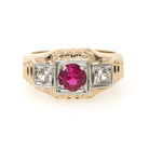 Vintage Statement Ring - Retro 10k Yellow White Gold Synthetic Ruby White Sapphires - Circa 1940s Era Size 7 1/4 Two Tone Fine 40s Jewelry