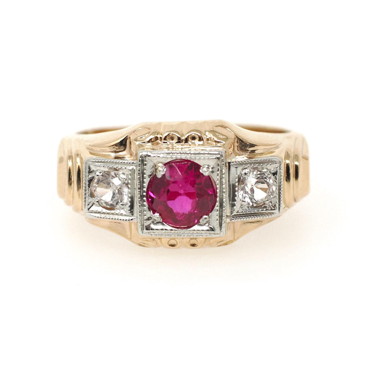 Vintage Statement Ring - Retro 10k Yellow White Gold Synthetic Ruby White Sapphires - Circa 1940s Era Size 7 1/4 Two Tone Fine 40s Jewelry