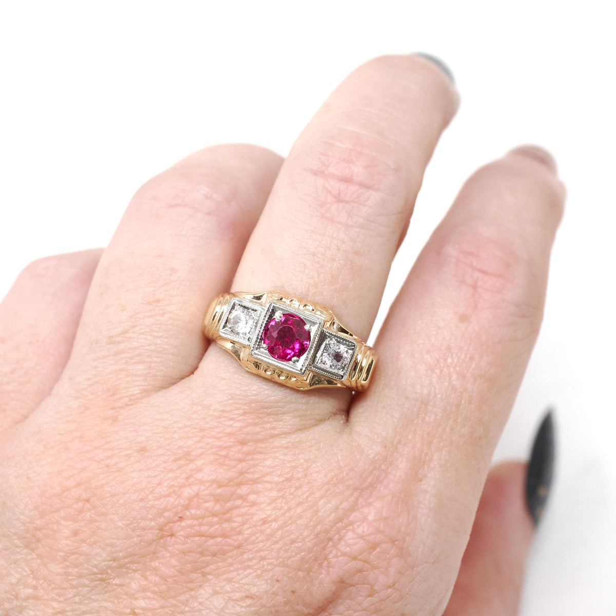 Vintage Statement Ring - Retro 10k Yellow White Gold Synthetic Ruby White Sapphires - Circa 1940s Era Size 7 1/4 Two Tone Fine 40s Jewelry