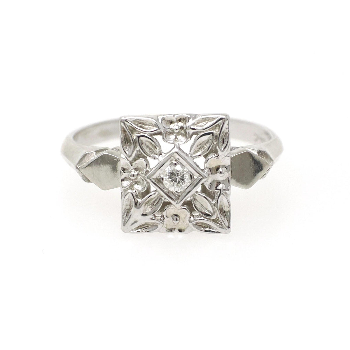 Square Filigree Ring - Mid Century 14k White Gold .04 CT Natural Round Brilliant Cut Diamond - Circa 1950s Era Size 7 Fine Floral Jewelry