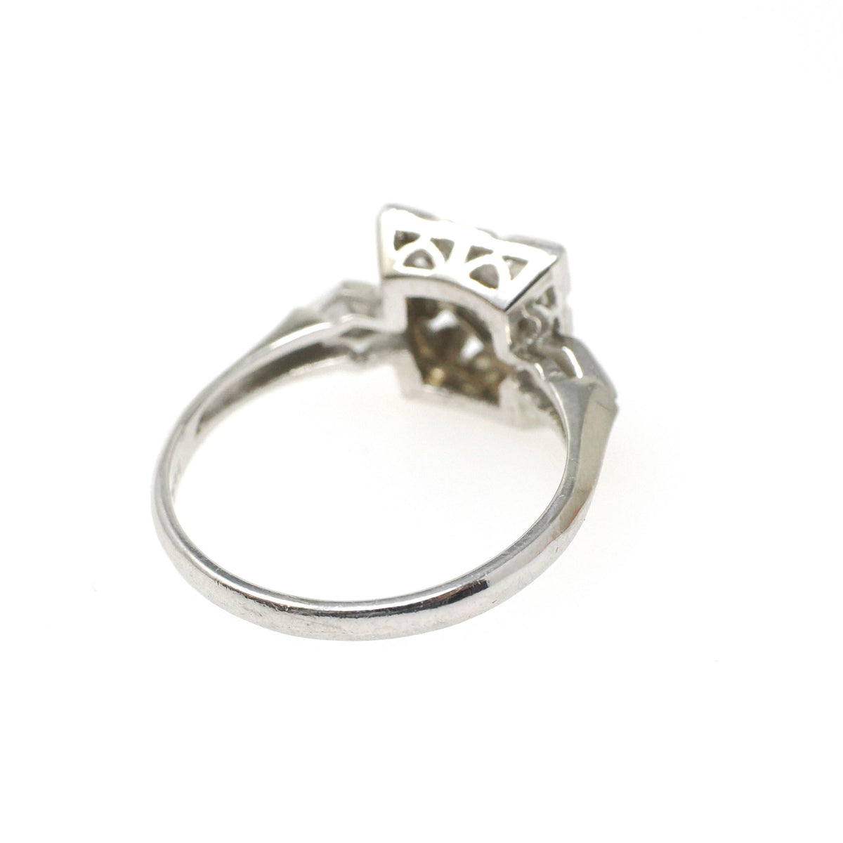 Square Filigree Ring - Mid Century 14k White Gold .04 CT Natural Round Brilliant Cut Diamond - Circa 1950s Era Size 7 Fine Floral Jewelry