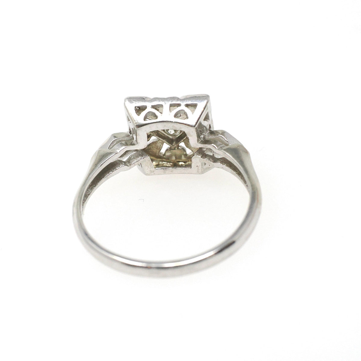 Square Filigree Ring - Mid Century 14k White Gold .04 CT Natural Round Brilliant Cut Diamond - Circa 1950s Era Size 7 Fine Floral Jewelry
