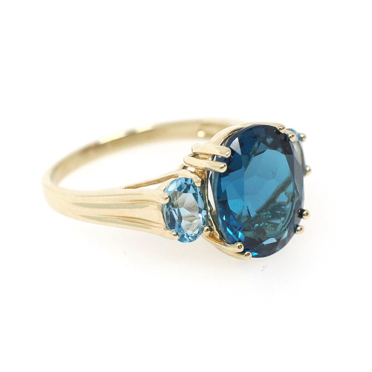Blue Topaz Ring - Contemporary 10k Yellow Gold Three Gemstone Band - Circa 2000s Era Size 8 1/2 Fine London Blue December Birthstone Jewelry