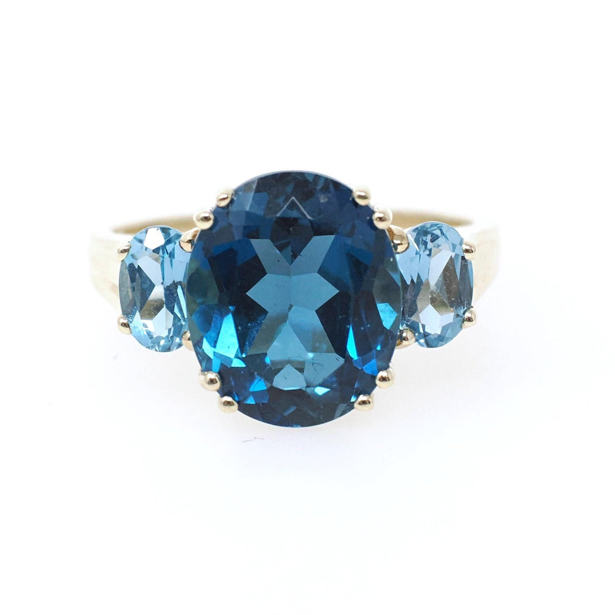 Blue Topaz Ring - Contemporary 10k Yellow Gold Three Gemstone Band - Circa 2000s Era Size 8 1/2 Fine London Blue December Birthstone Jewelry