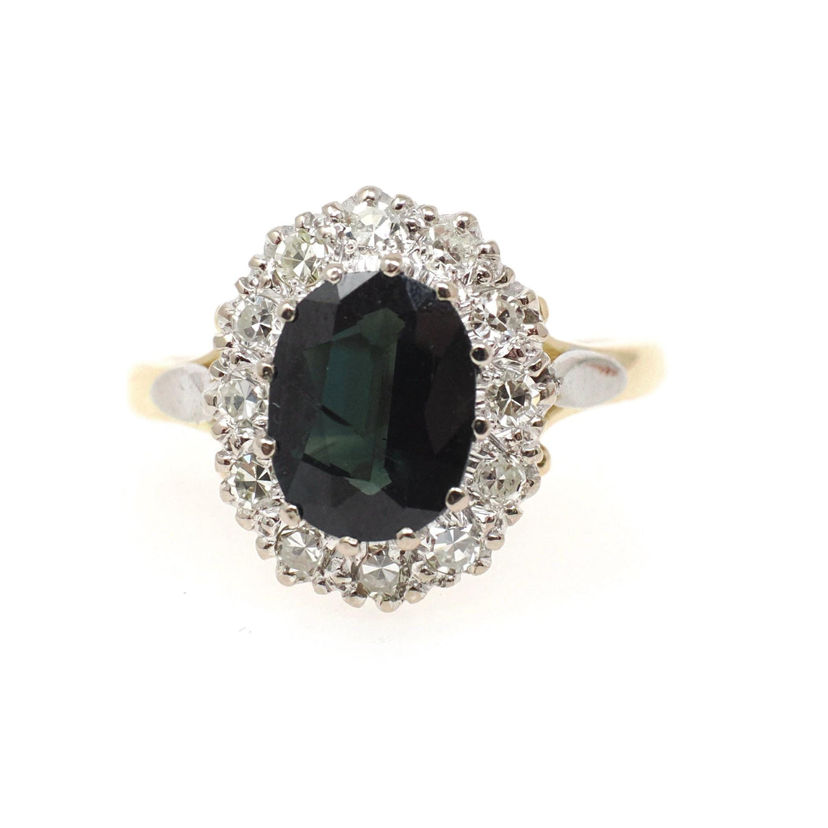 Green Sapphire Engagement Ring - Modernist 1970s 18k Yellow & White Gold Green Sapphire Gemstone .30 CTW Diamonds - Size 7 Halo Fine Jewelry