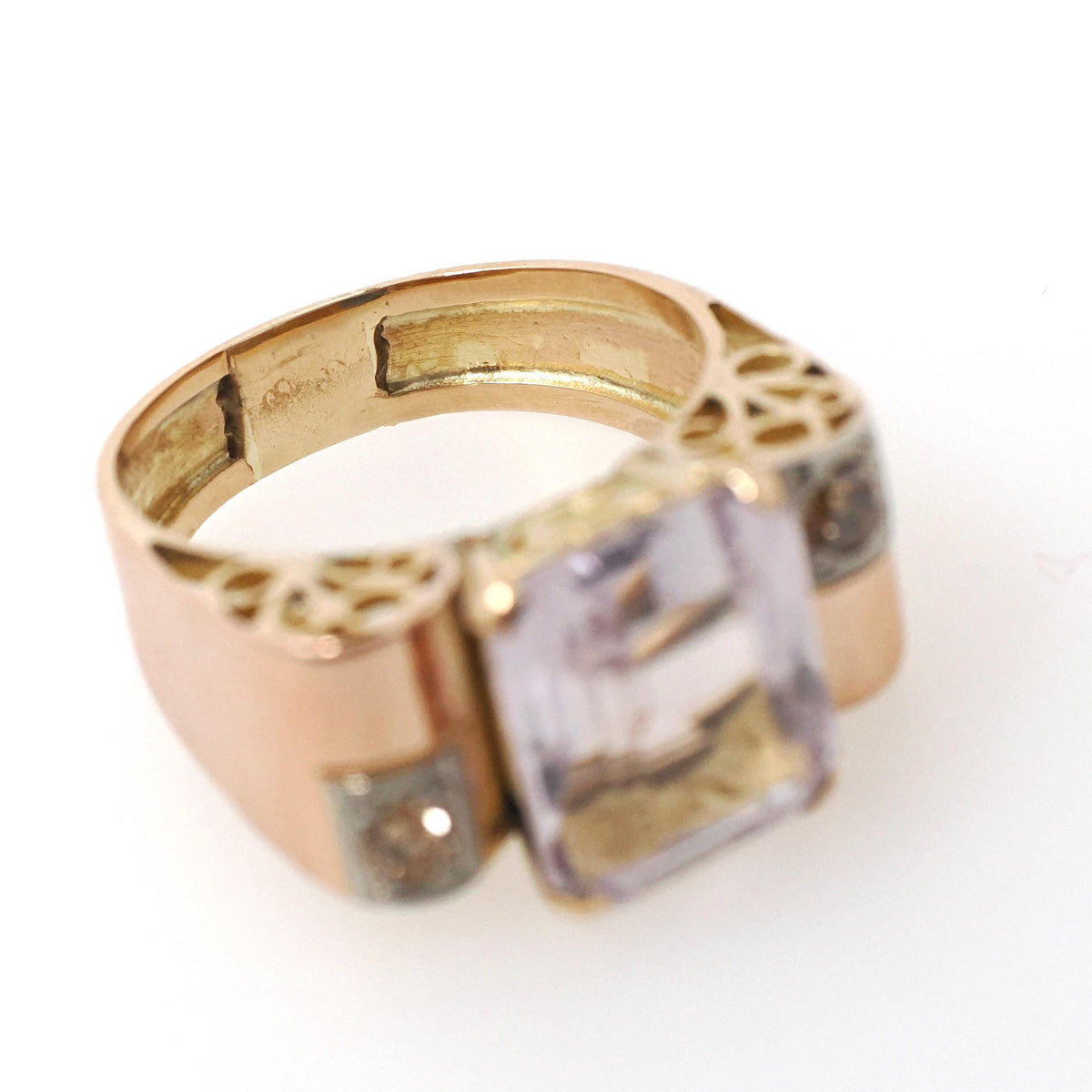 Amethyst Cocktail Ring - Retro 14k Rosy Gold Natural Emerald Cut Light Purple Gem - Circa 1940s Size 8 3/4 Fine February Birthstone Jewelry