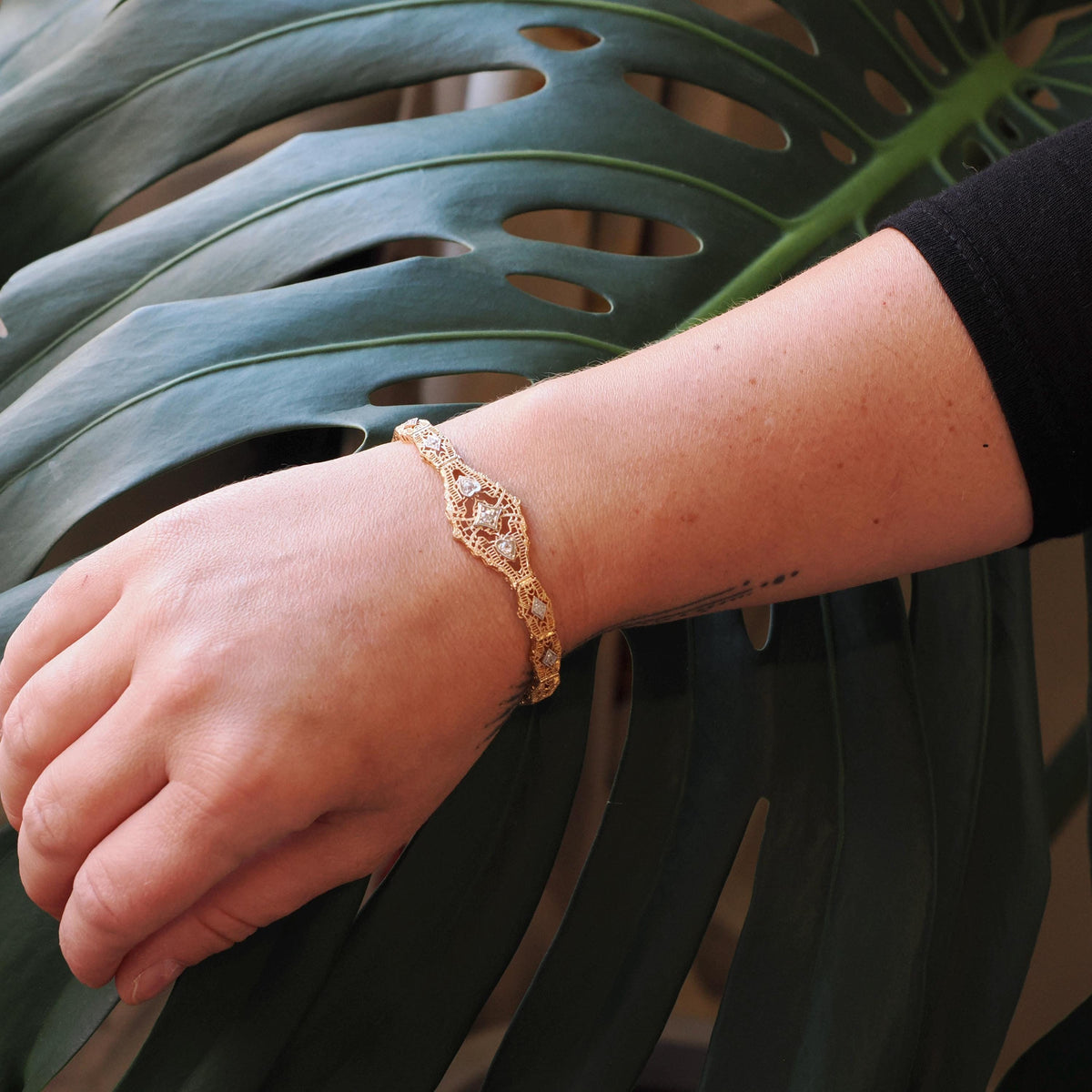 Art Deco Bracelet - Vintage 10k Yellow Gold Filigree Diamond Die Struck Filigree Statement - Circa 1930s Era Wedding Two Tone Fine Jewelry