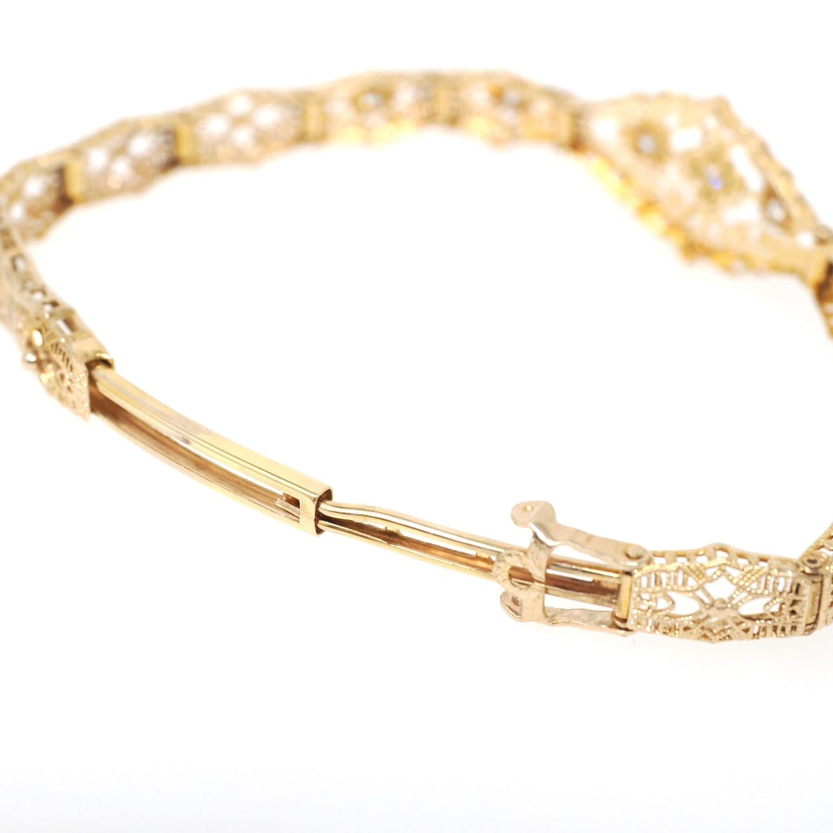 Art Deco Bracelet - Vintage 10k Yellow Gold Filigree Diamond Die Struck Filigree Statement - Circa 1930s Era Wedding Two Tone Fine Jewelry