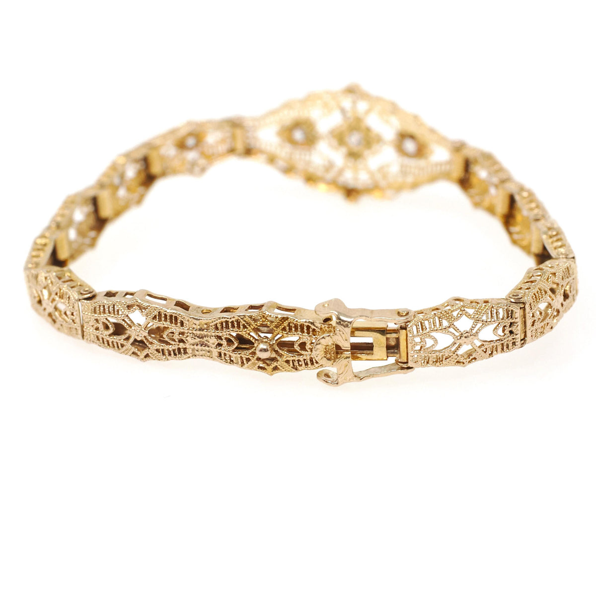 Art Deco Bracelet - Vintage 10k Yellow Gold Filigree Diamond Die Struck Filigree Statement - Circa 1930s Era Wedding Two Tone Fine Jewelry