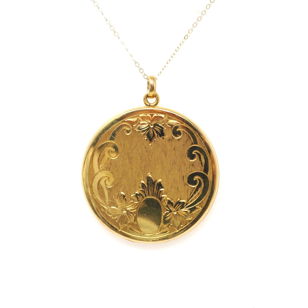 Round Edwardian Locket - Antique Gold Filled Floral Shield Scroll Design Pendant - Circa 1910s Photo Keepsake Ikat Texture Fashion Jewelry