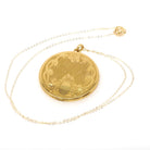Round Edwardian Locket - Antique Gold Filled Floral Shield Scroll Design Pendant - Circa 1910s Photo Keepsake Ikat Texture Fashion Jewelry