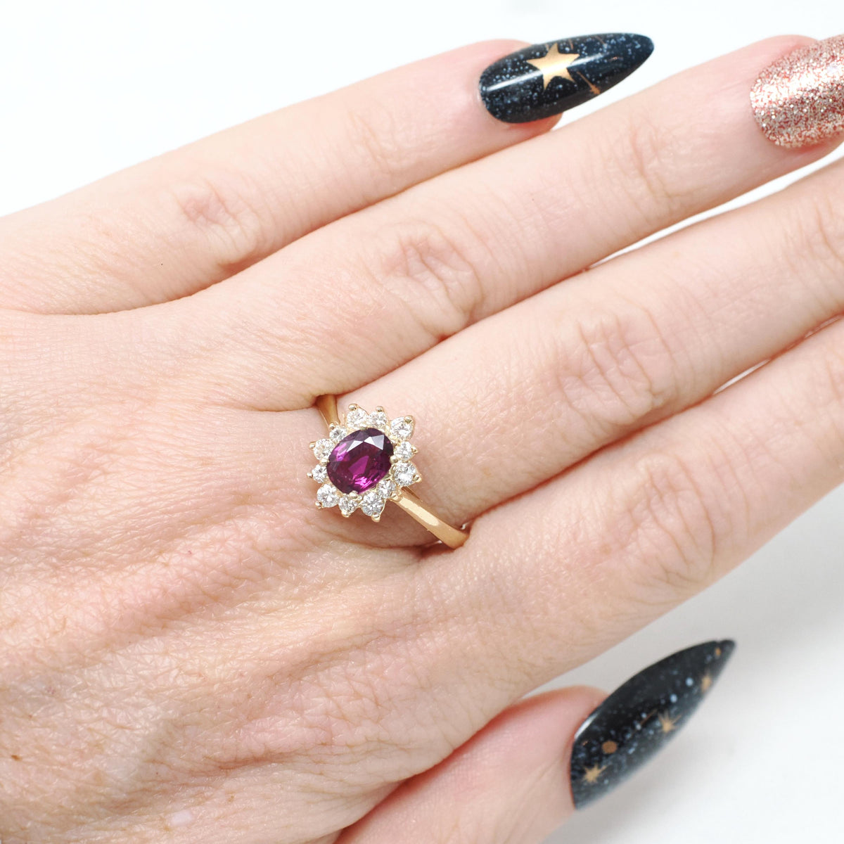 Ruby & Diamond Engagement Ring - Vintage 14k Yellow Gold Oval Natural Gemstone Halo - Circa 1980s Size 7 1/2 July Birthstone Fine Jewelry