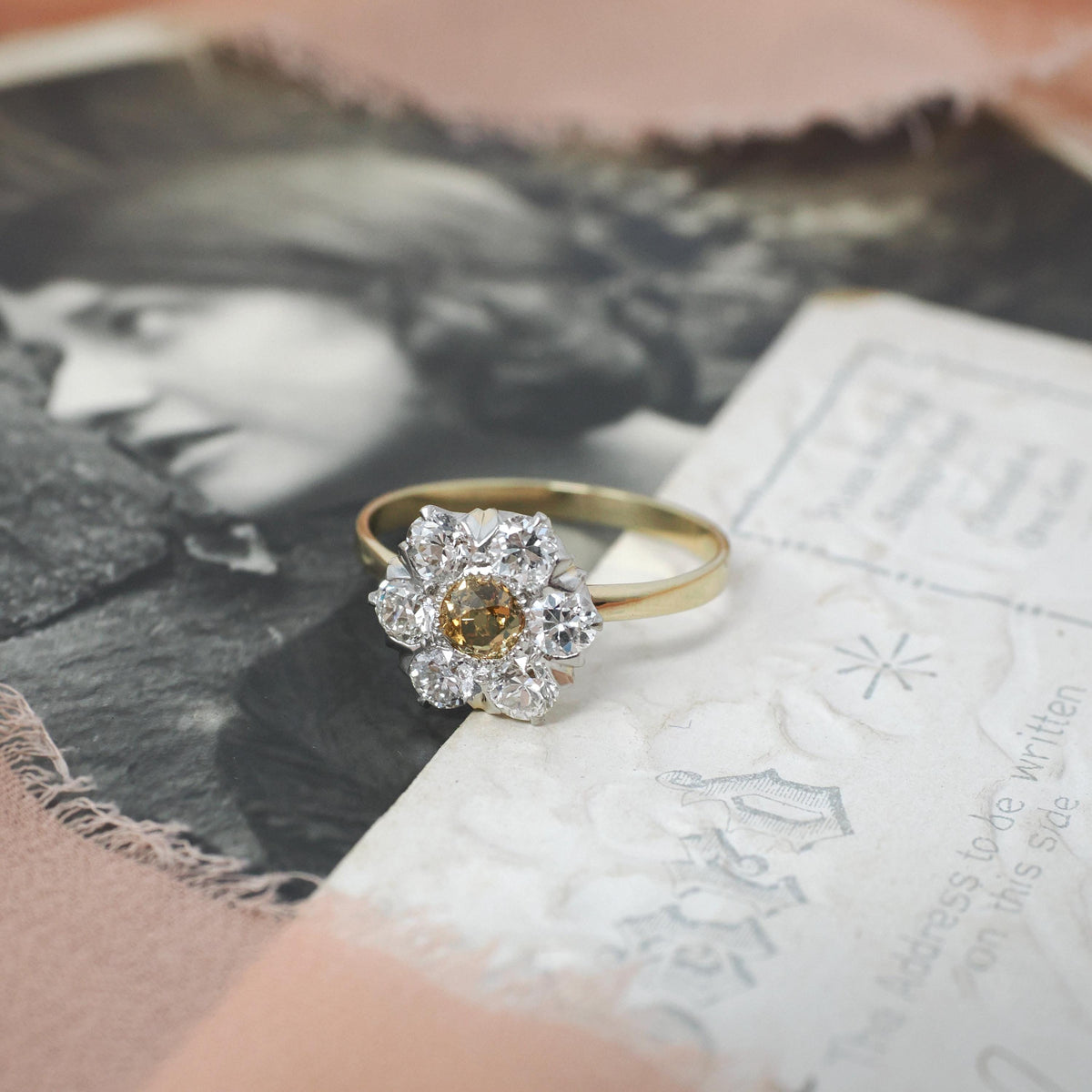 Antique Flower Ring - Edwardian 14k Yellow Gold & Platinum 1.25 CTW Diamond Cluster Halo - Circa Early 1900s Size 7.75 Two Tone Fine Jewelry