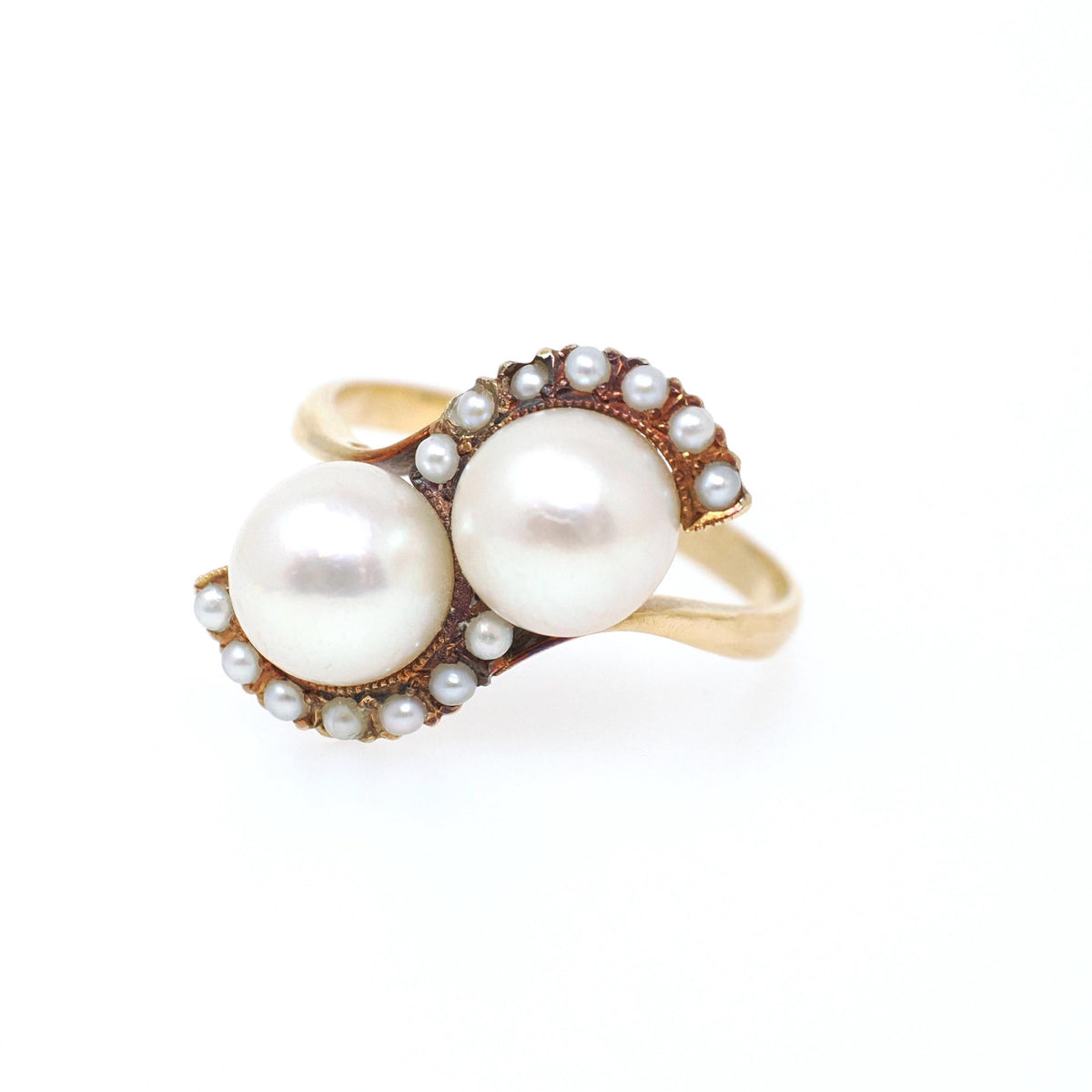 Vintage Pearl Ring - Mid Century Era 18k Yellow Gold Toi Et Moi Crescent Statement Bypass - Circa 1960 Size 8 June Birthstone Fine Jewelry