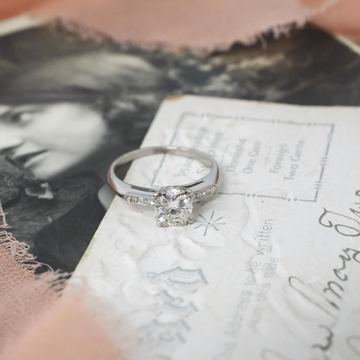 Vintage Engagement Ring - Platinum .76 CTW Natural Transitional Brilliant Cut Diamond - Mid Century Era 1950s Size 5.25 Fine Bridal Jewelry