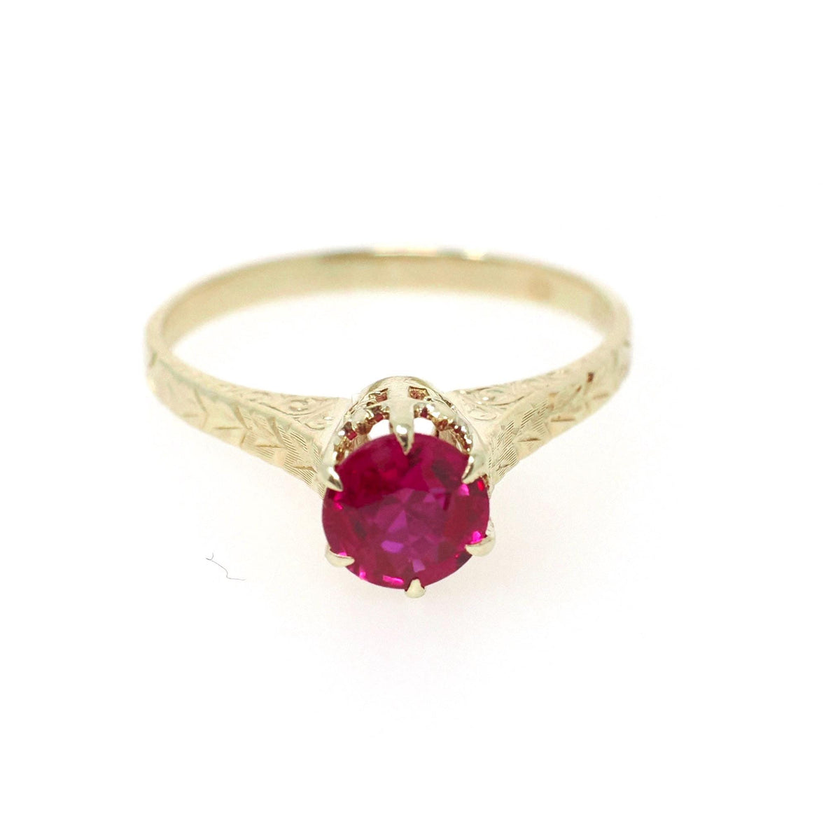 Ostby & Barton Ring - Art Deco 14k Yellow Gold Created Red Ruby Gem Solitaire - Circa 1930s Era Size 7 Wheat Engraved Fine Statement Jewelry