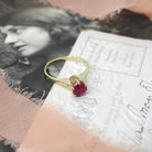 Ostby & Barton Ring - Art Deco 14k Yellow Gold Created Red Ruby Gem Solitaire - Circa 1930s Era Size 7 Wheat Engraved Fine Statement Jewelry