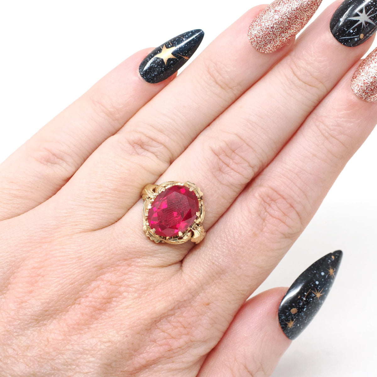 Created Ruby Ring - Mid Century 18k Yellow Gold Red Oval Faceted 5.42 CT Gemstone - Vintage Circa 1960s Size 6 July Birthstone Fine Jewelry