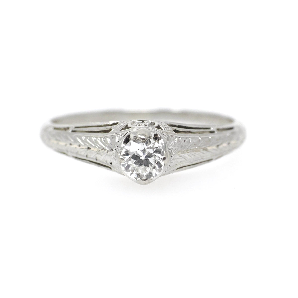 Vintage Engagement Ring - Art Deco 18k White Gold Natural .21 CT Diamond - Circa 1930s Era Size 7 Wheat Design Fine Bridal Statement Jewelry