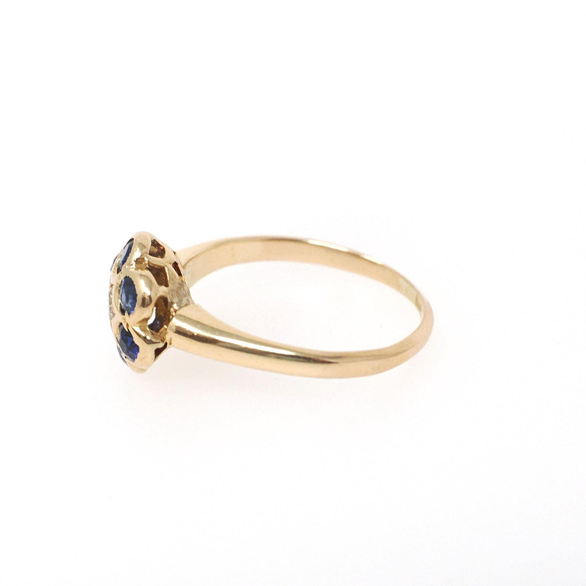 Antique Flower Ring - Edwardian 18k Yellow Gold Blue Sapphire .48 TW Gemstone Cluster - Circa 1910s Era Size 5 1/4 Diamond Fine Halo Jewelry