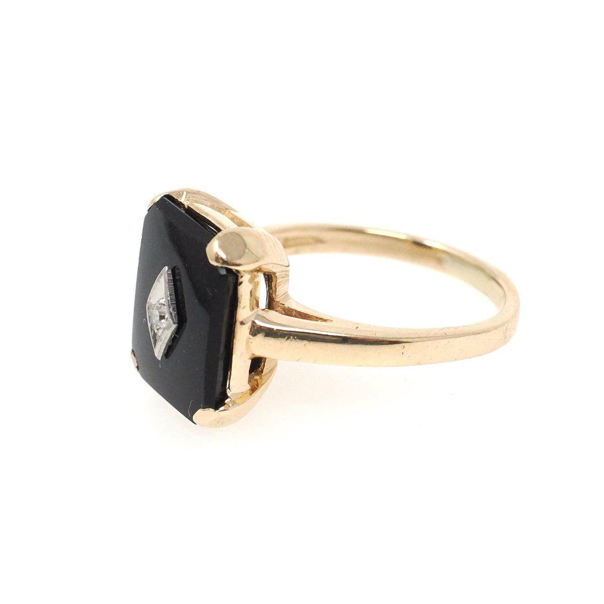 Vintage Onyx Ring - Mid Century 14k Yellow Gold Black Chalcedony Gemstone - Circa 1960s Era Size 6 1/4 Accent Diamond Statement Fine Jewelry