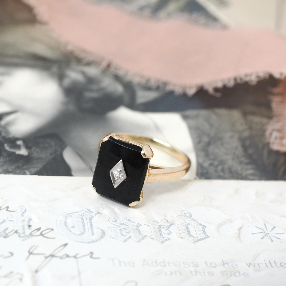 Vintage Onyx Ring - Mid Century 14k Yellow Gold Black Chalcedony Gemstone - Circa 1960s Era Size 6 1/4 Accent Diamond Statement Fine Jewelry