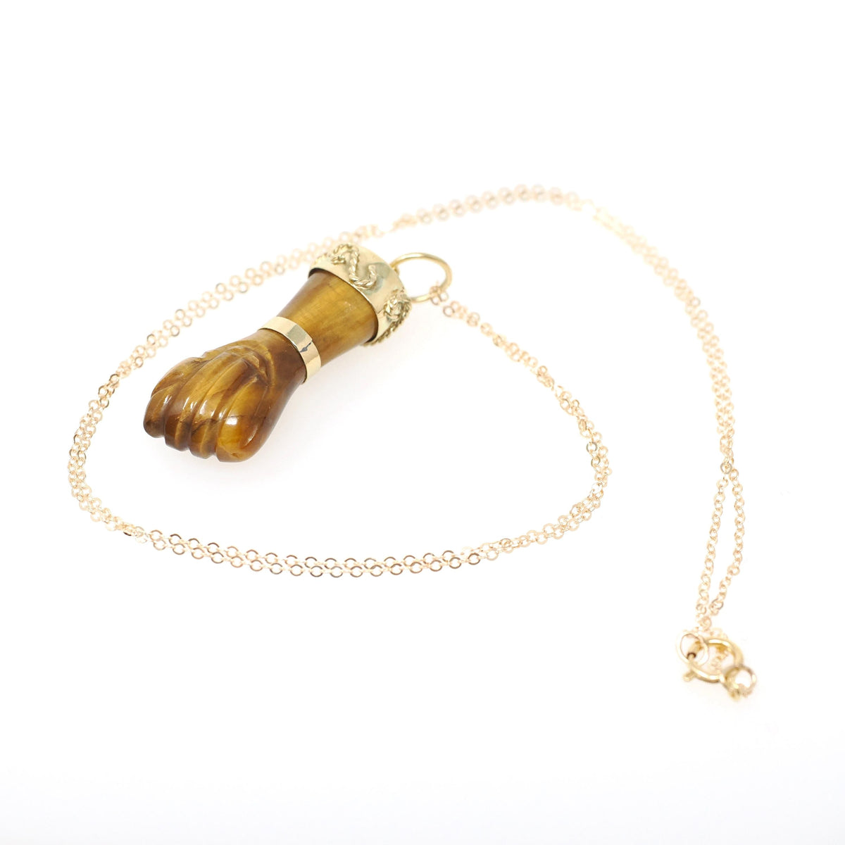 Mano Figa Pendant - Modernist 18k Yellow Gold Natural Tiger's Eye Good Luck Charm - Vintage Circa 1970s Era Symbolic Hand Fine Jewelry