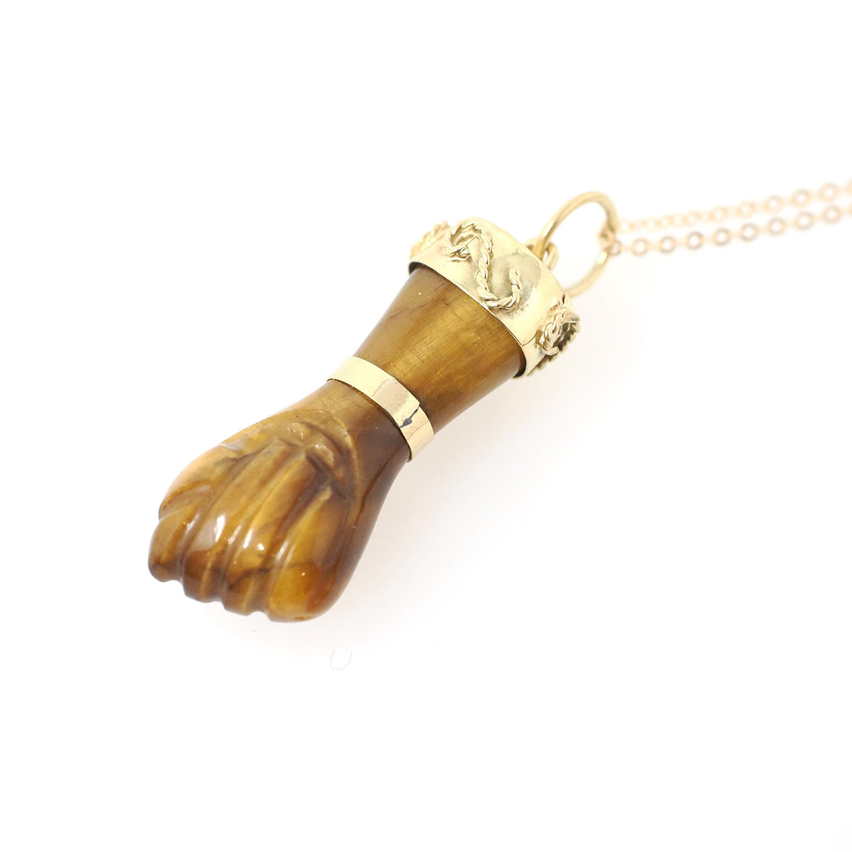 Mano Figa Pendant - Modernist 18k Yellow Gold Natural Tiger's Eye Good Luck Charm - Vintage Circa 1970s Era Symbolic Hand Fine Jewelry