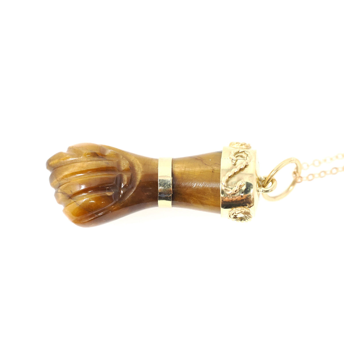 Mano Figa Pendant - Modernist 18k Yellow Gold Natural Tiger's Eye Good Luck Charm - Vintage Circa 1970s Era Symbolic Hand Fine Jewelry