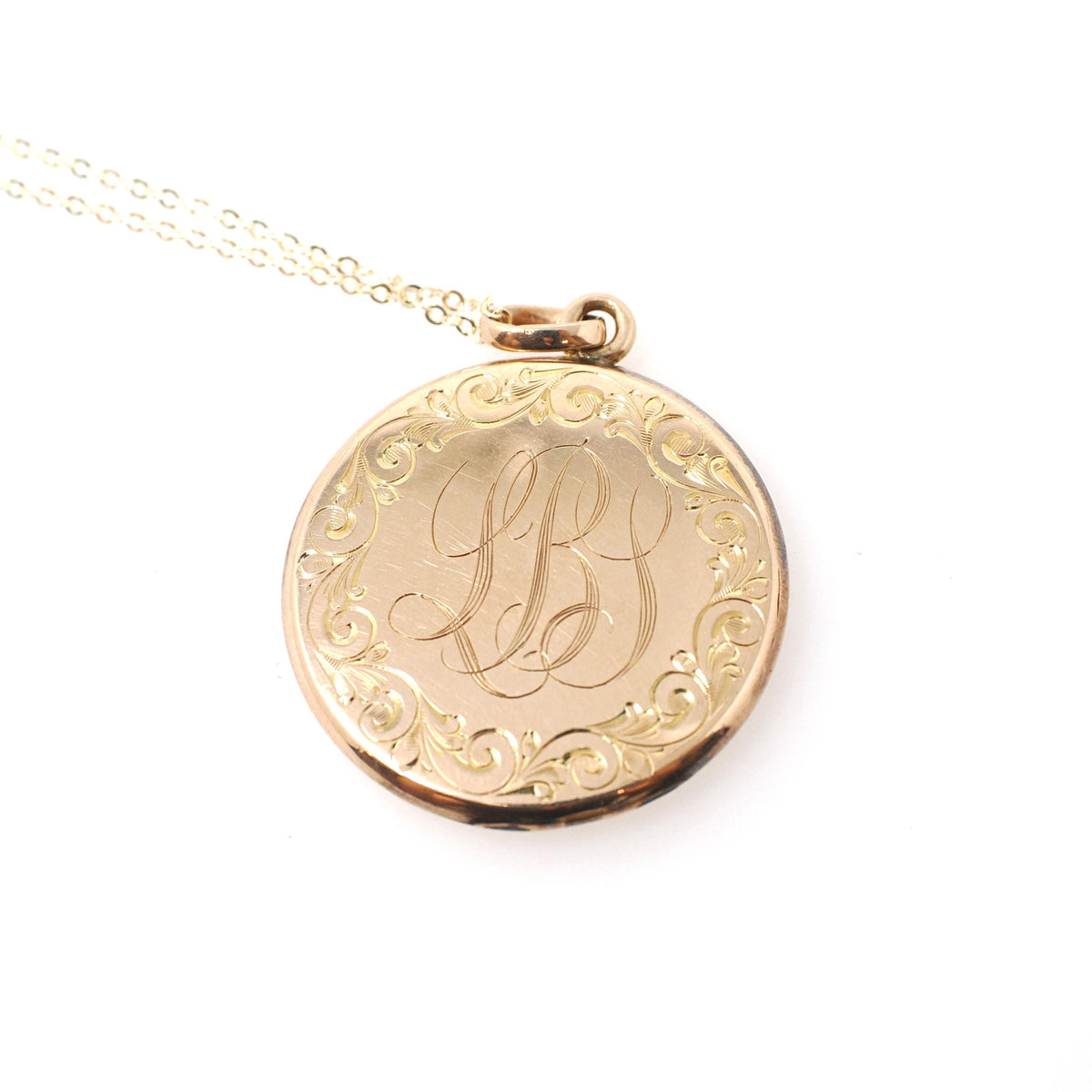 Antique Monogrammed Locket - Edwardian Gold Filled Round Engraved "LBS CRW" Pendant Necklace - Antique Early 1900s Photograph Fine Jewelry