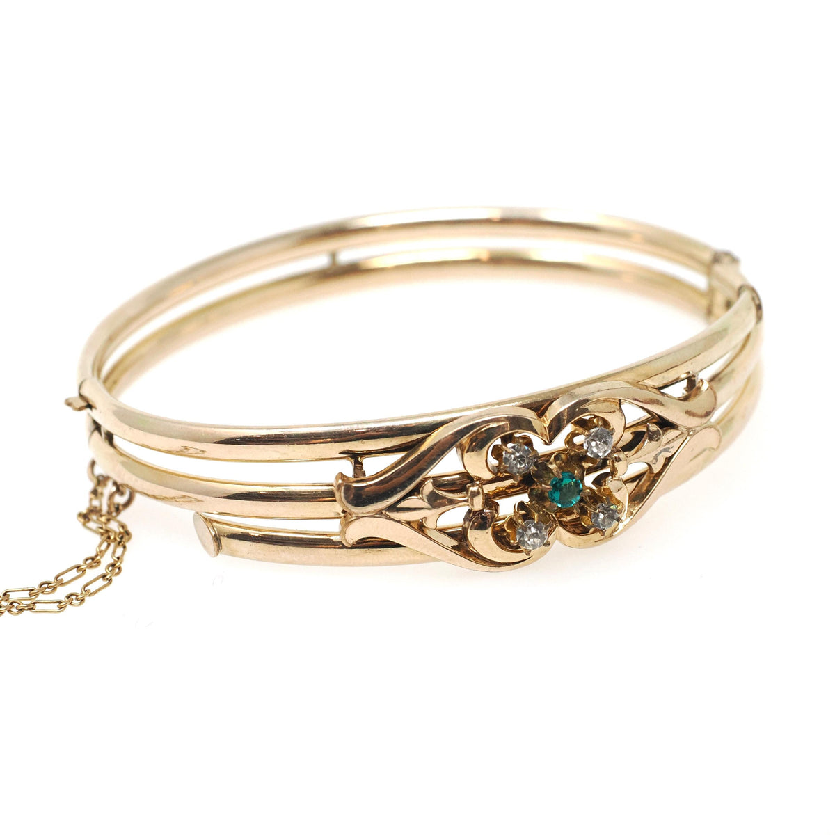 Edwardian Bangle Bracelet - Antique Yellow Gold Filled Floral Wrap Hinged Design - Circa 1910s Simulated Gemstones Fashion Accessory Jewelry