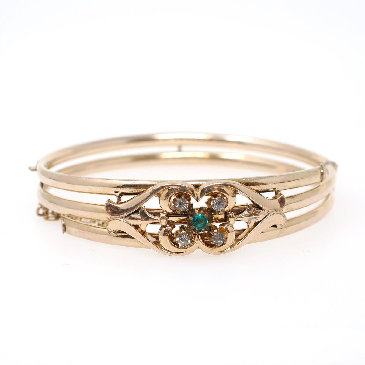 Edwardian Bangle Bracelet - Antique Yellow Gold Filled Floral Wrap Hinged Design - Circa 1910s Simulated Gemstones Fashion Accessory Jewelry
