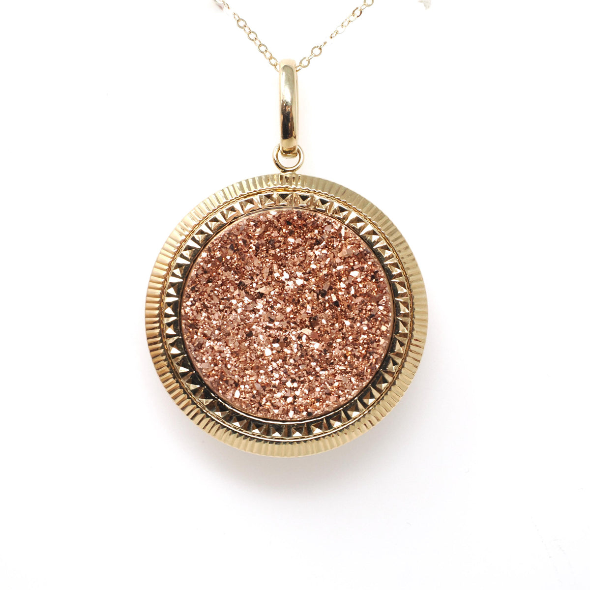 Gemstone Fob Necklace - Contemporary 14k Yellow Gold Double Sided Labradorite & Copper Metallic Druzy Pendant - Circa 2000s Era Fine Jewelry