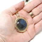 Gemstone Fob Necklace - Contemporary 14k Yellow Gold Double Sided Labradorite & Copper Metallic Druzy Pendant - Circa 2000s Era Fine Jewelry