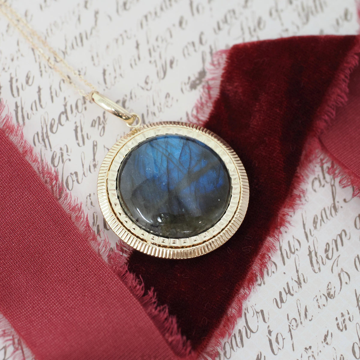 Gemstone Fob Necklace - Contemporary 14k Yellow Gold Double Sided Labradorite & Copper Metallic Druzy Pendant - Circa 2000s Era Fine Jewelry