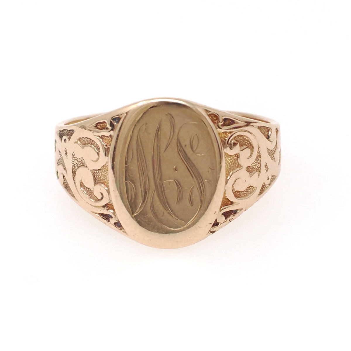 Edwardian Signet Ring - Antique 10k Yellow Gold Oval "MS" Engraved Script Initial Letters - Circa 1910s Size 10 Fine Scroll Engraved Jewelry
