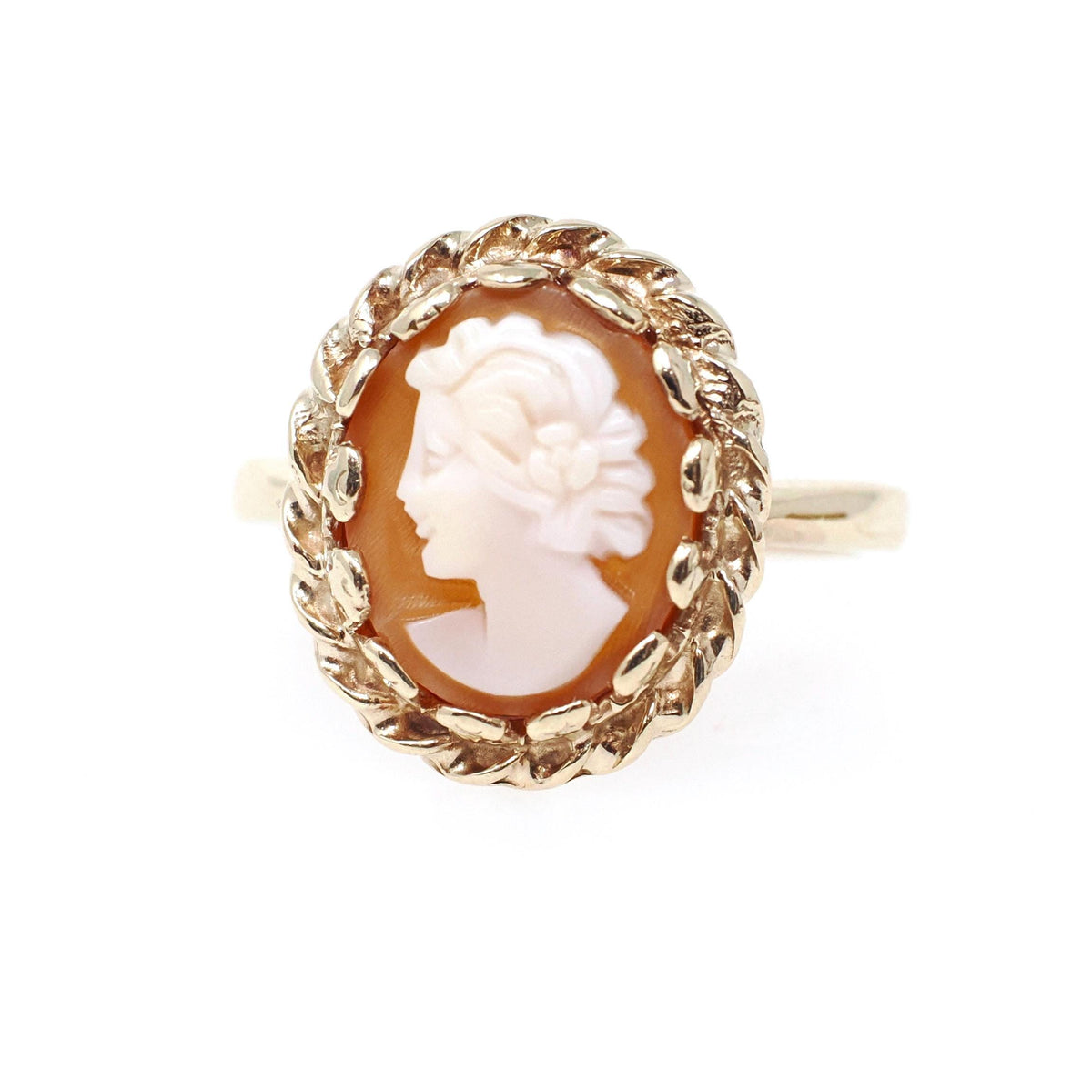 Vintage Cameo Ring - Mid Century 10k Yellow Gold Carved Shell Twisted Rope Halo Style - Circa 1960s Size 6 3/4 Woman's Profile Fine Jewelry