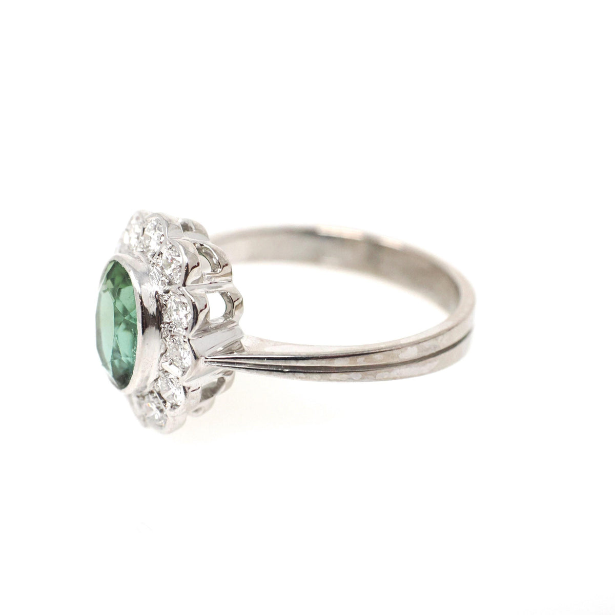 Tourmaline Halo Ring - Contemporary 18k White Gold Natural Oval Green Gem & .32 CTW Diamond Engagement - Circa 2000s Size 6 1/4 Fine Jewelry