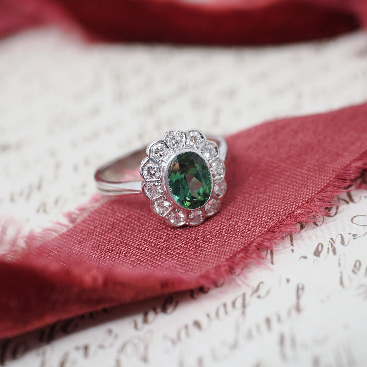 Tourmaline Halo Ring - Contemporary 18k White Gold Natural Oval Green Gem & .32 CTW Diamond Engagement - Circa 2000s Size 6 1/4 Fine Jewelry