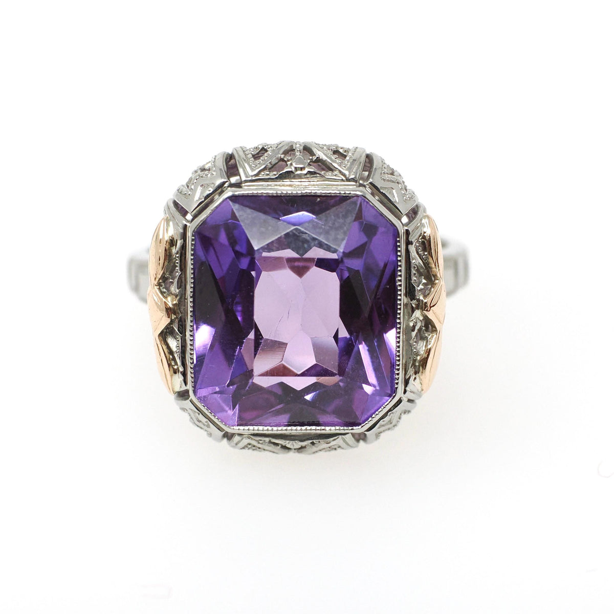 Vintage Filigree Ring - Art Deco 14k White & Rose Gold 8.27 CT Synthetic Color Change Sapphire - Circa 1930s Size 5 Fine Bow Floral Jewelry
