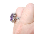 Vintage Filigree Ring - Art Deco 14k White & Rose Gold 8.27 CT Synthetic Color Change Sapphire - Circa 1930s Size 5 Fine Bow Floral Jewelry