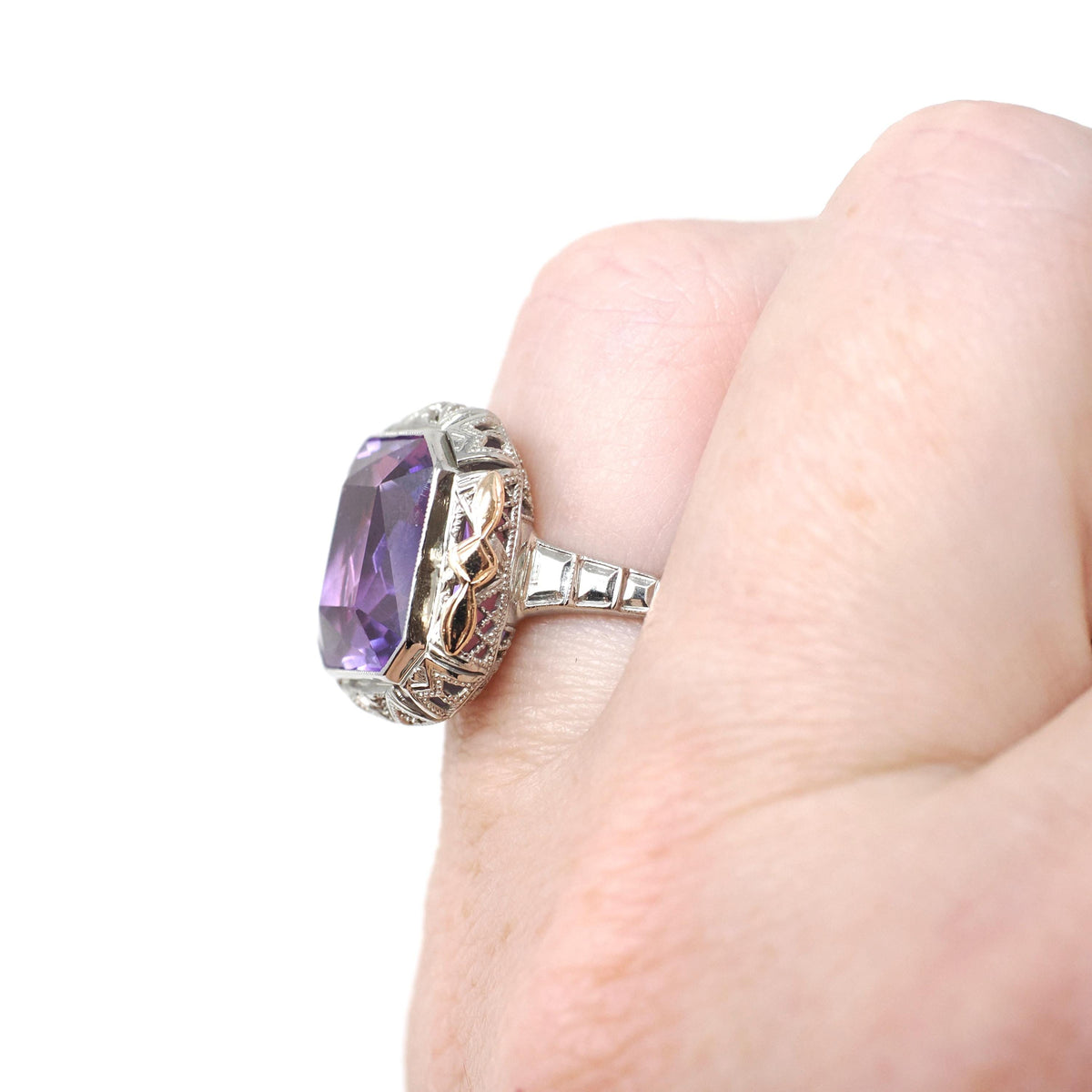 Vintage Filigree Ring - Art Deco 14k White & Rose Gold 8.27 CT Synthetic Color Change Sapphire - Circa 1930s Size 5 Fine Bow Floral Jewelry
