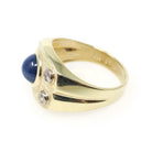 Synthetic Star Sapphire Ring - Modernist 14k Yellow Gold Blue Cabochon Gem & Diamond Accents - Circa 1970s Size 7 3/4 Fine Statement Jewelry