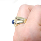 Synthetic Star Sapphire Ring - Modernist 14k Yellow Gold Blue Cabochon Gem & Diamond Accents - Circa 1970s Size 7 3/4 Fine Statement Jewelry
