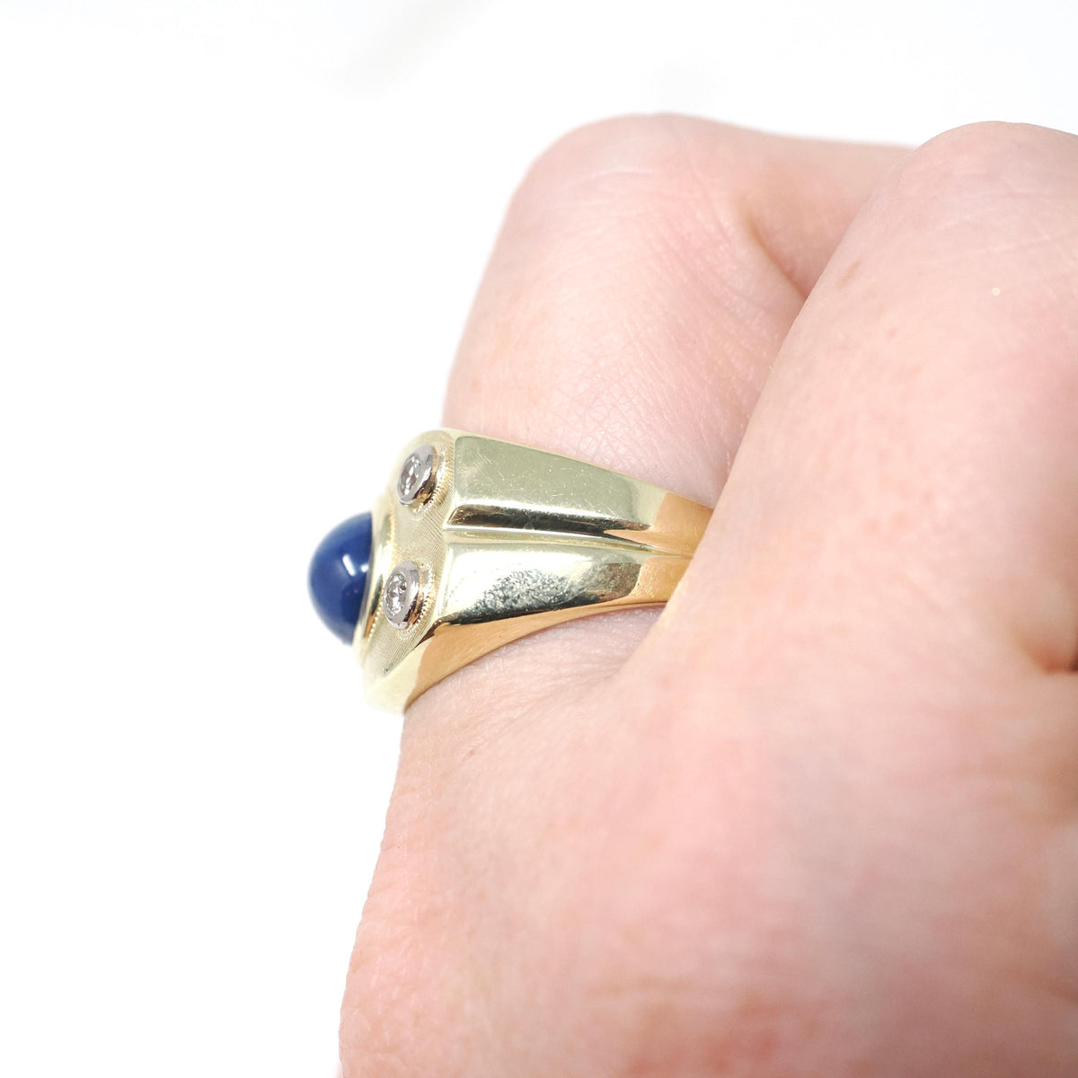 Synthetic Star Sapphire Ring - Modernist 14k Yellow Gold Blue Cabochon Gem & Diamond Accents - Circa 1970s Size 7 3/4 Fine Statement Jewelry