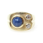 Synthetic Star Sapphire Ring - Modernist 14k Yellow Gold Blue Cabochon Gem & Diamond Accents - Circa 1970s Size 7 3/4 Fine Statement Jewelry