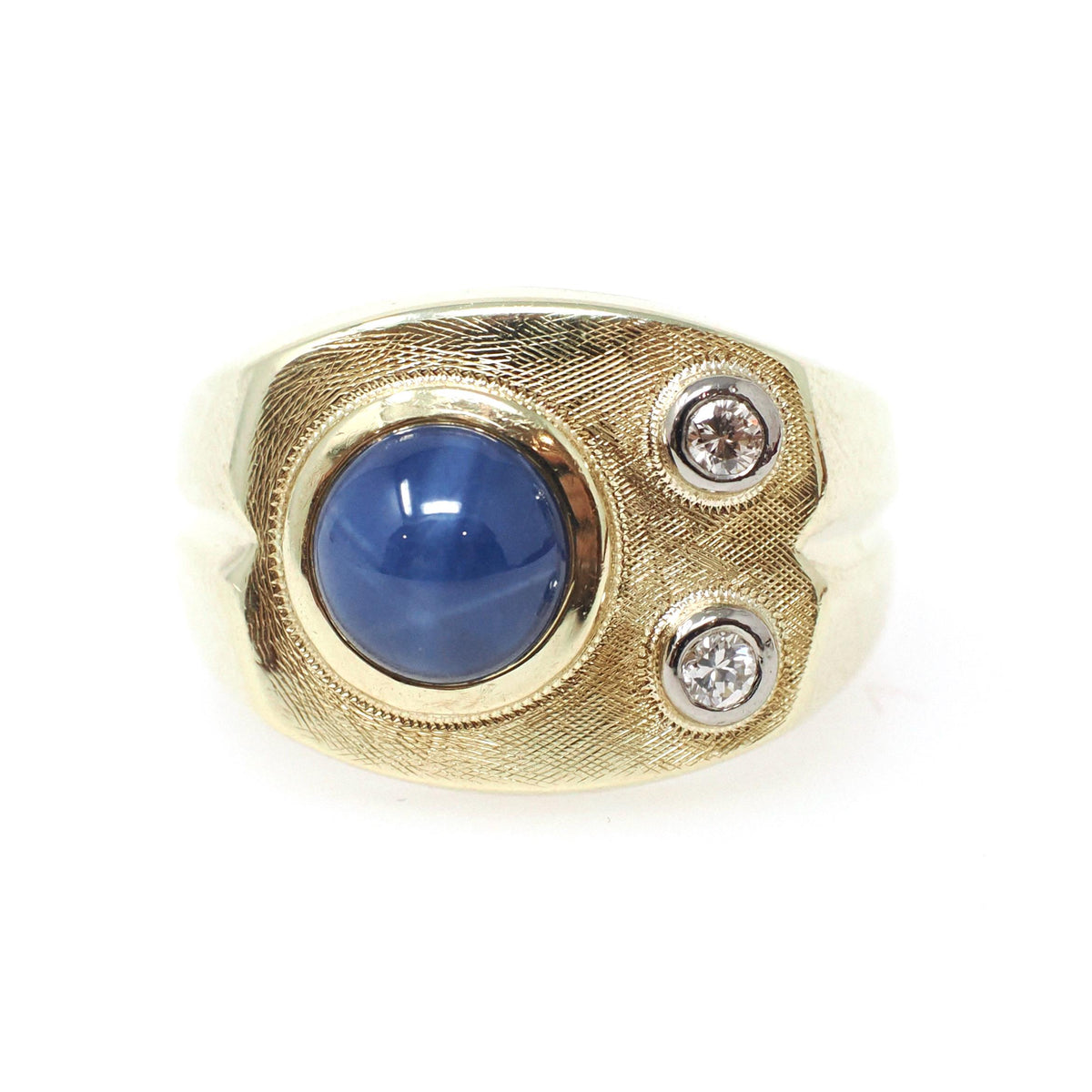 Synthetic Star Sapphire Ring - Modernist 14k Yellow Gold Blue Cabochon Gem & Diamond Accents - Circa 1970s Size 7 3/4 Fine Statement Jewelry